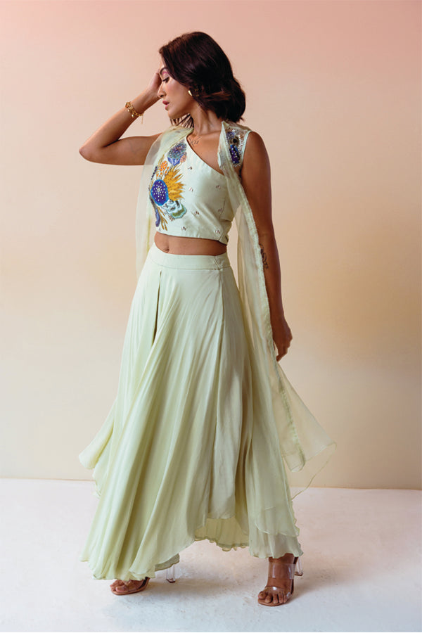 Mint One Shoulder Cluster Crop Top with Organza Jacket and Flare Pant.