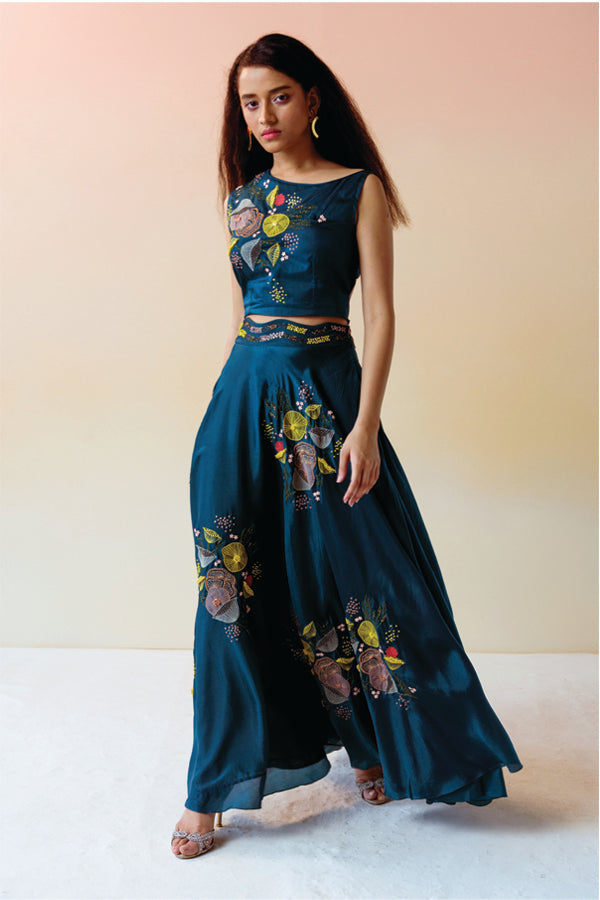 Teal Clustered Top & Skirt Set