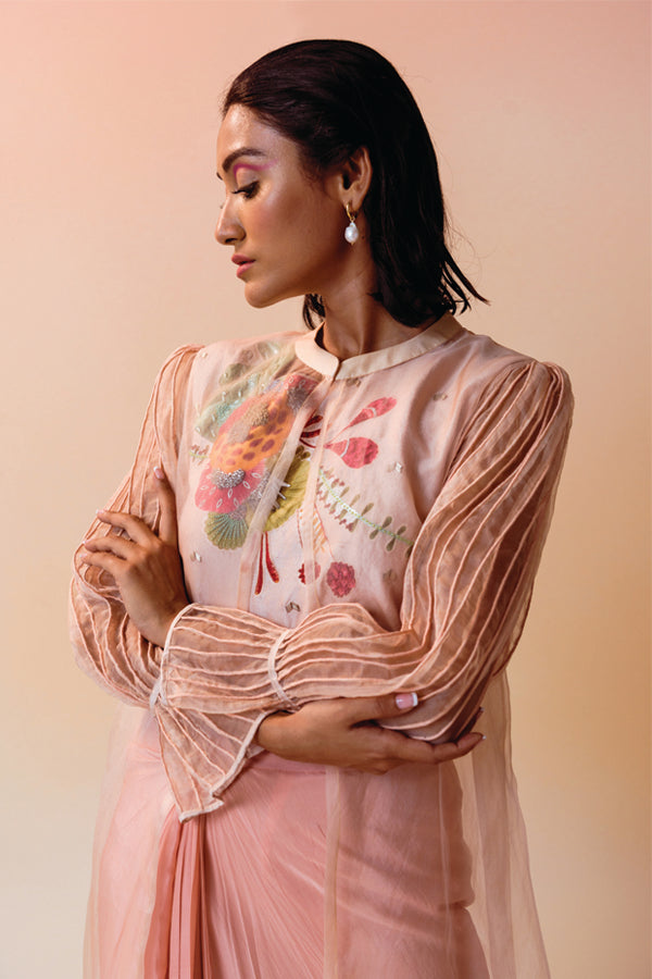 Old Rose Cluster Crop Top with Drapped Skirt ant Corded Organza Jacket