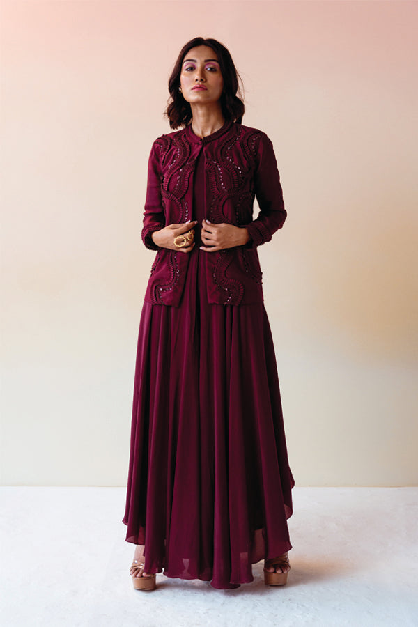 Burgundy Textured Jacket with Flare Jumpsuit