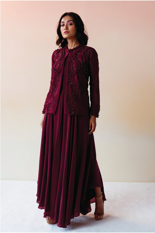 Burgundy Textured Jacket with Flare Jumpsuit