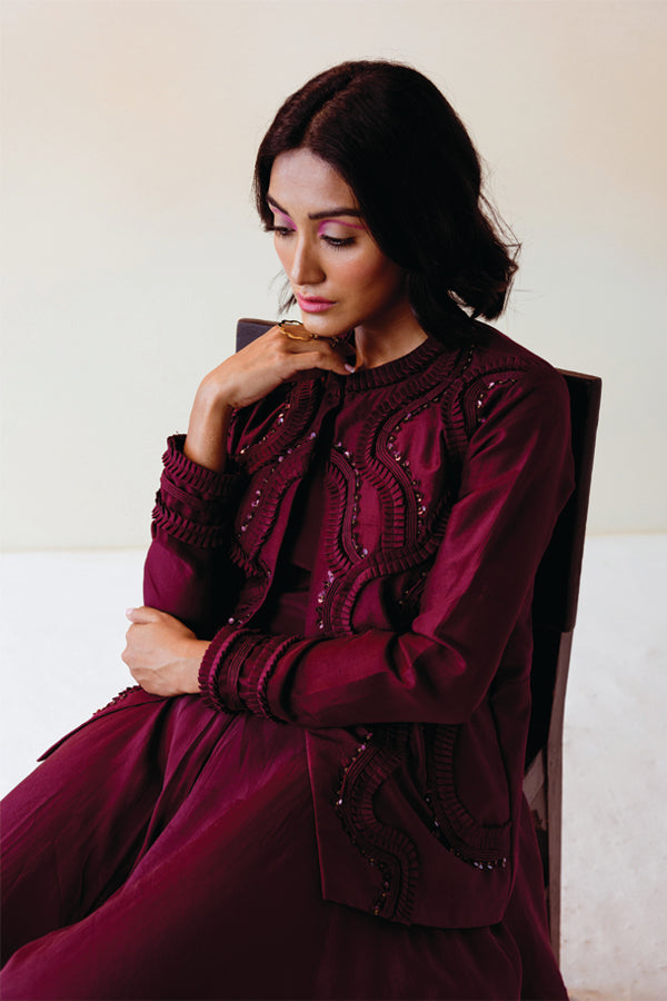 Burgundy Textured Jacket with Flare Jumpsuit