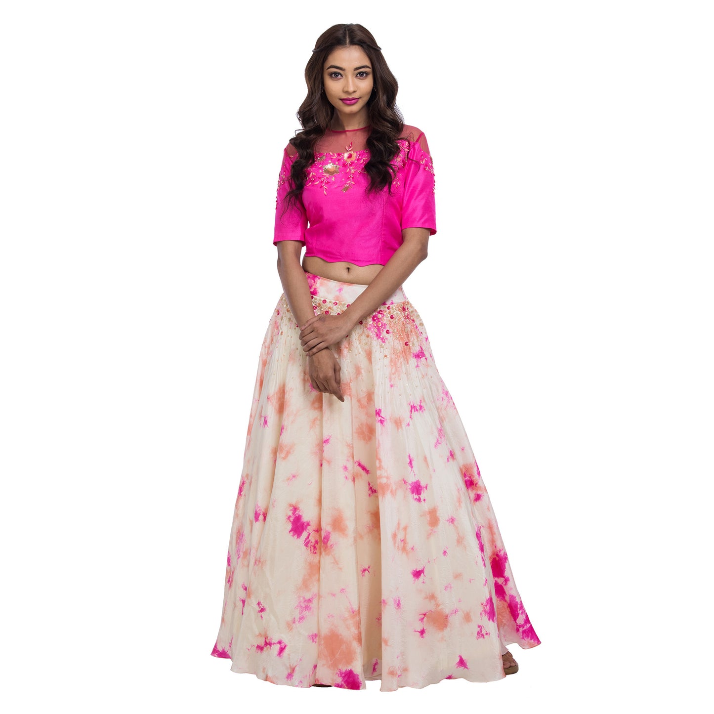 Pink & Peach Crop Top & Lehenga