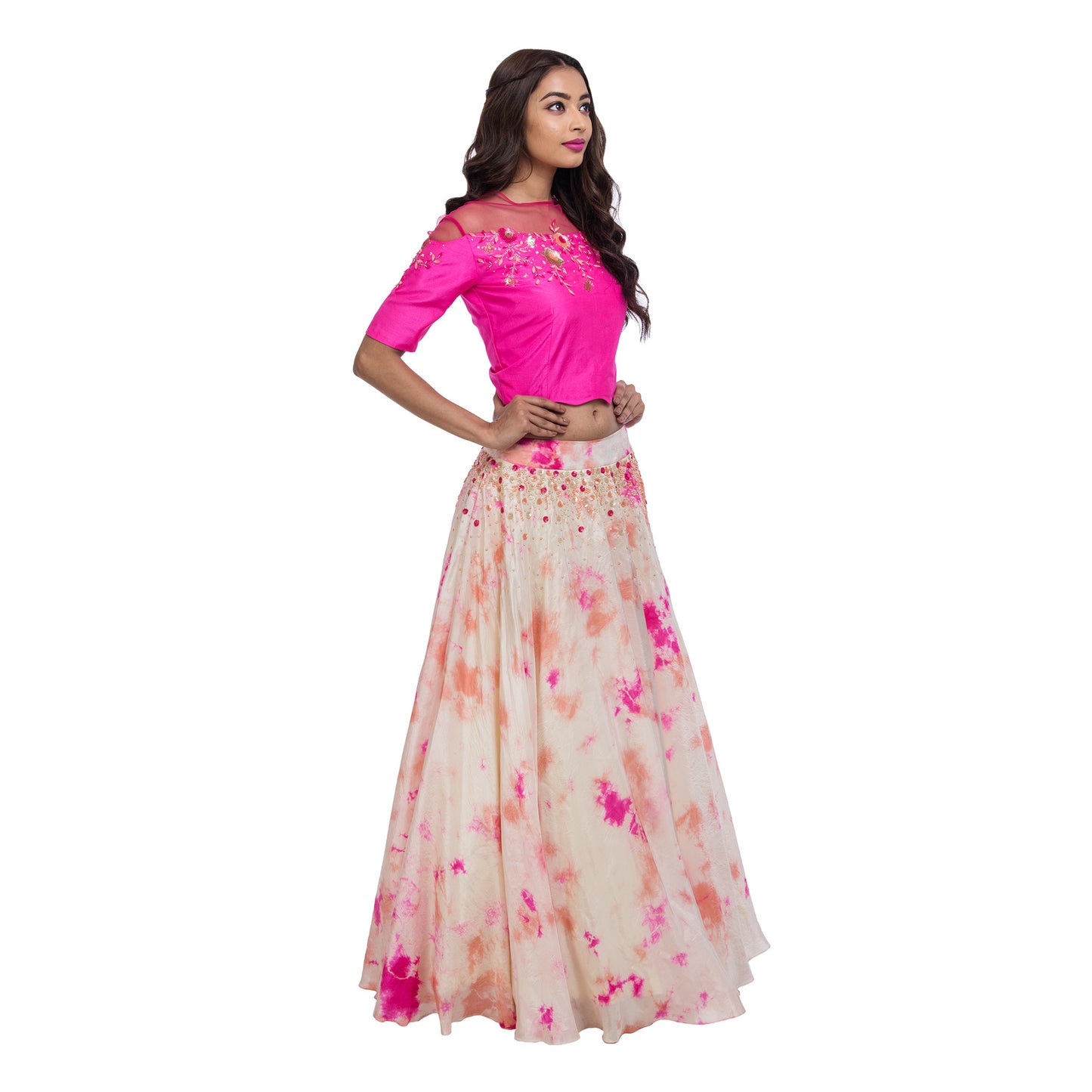 Pink & Peach Crop Top & Lehenga