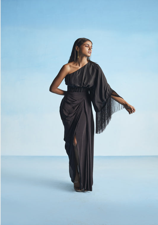 Black One Shoulder Fringe Top With Slit Skirt