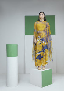 Yellow Bloom Printed Organza Cape With Pant Set