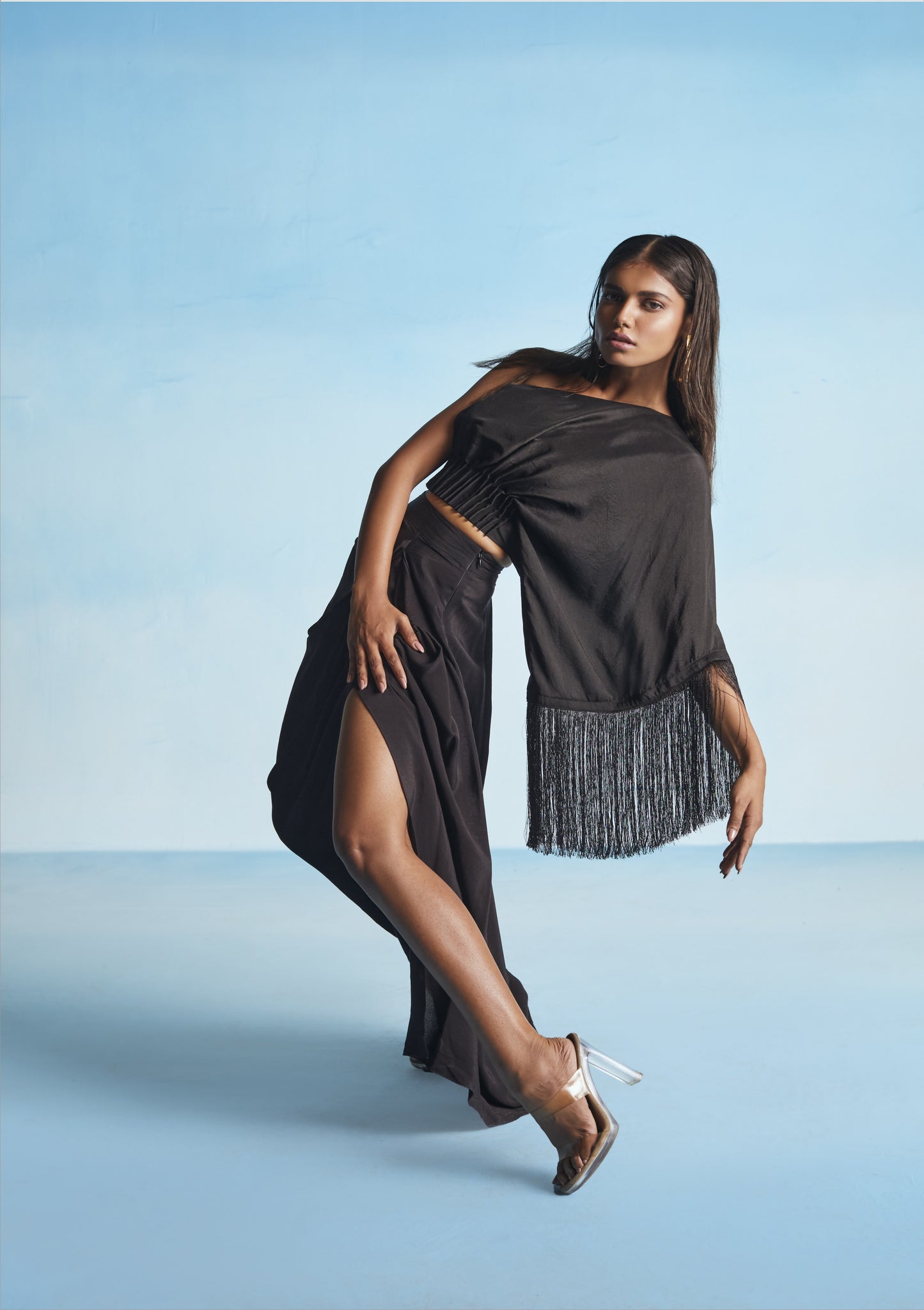 Black One Shoulder Fringe Top With Slit Skirt