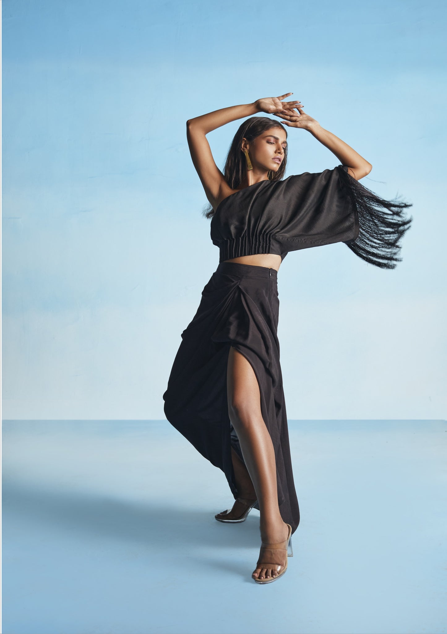 Black One Shoulder Fringe Top With Slit Skirt