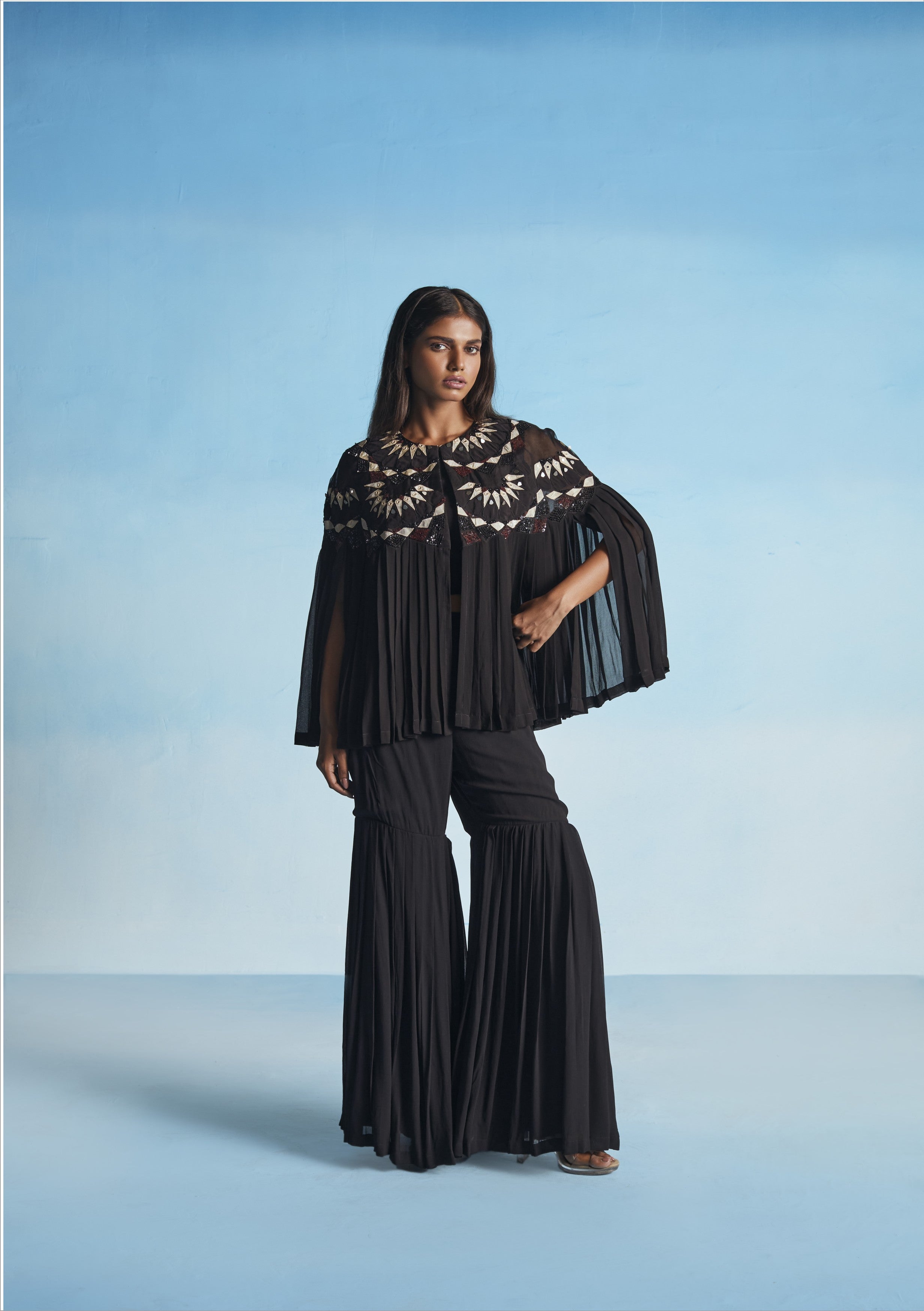 Black Star Applique Pleated Cape Set