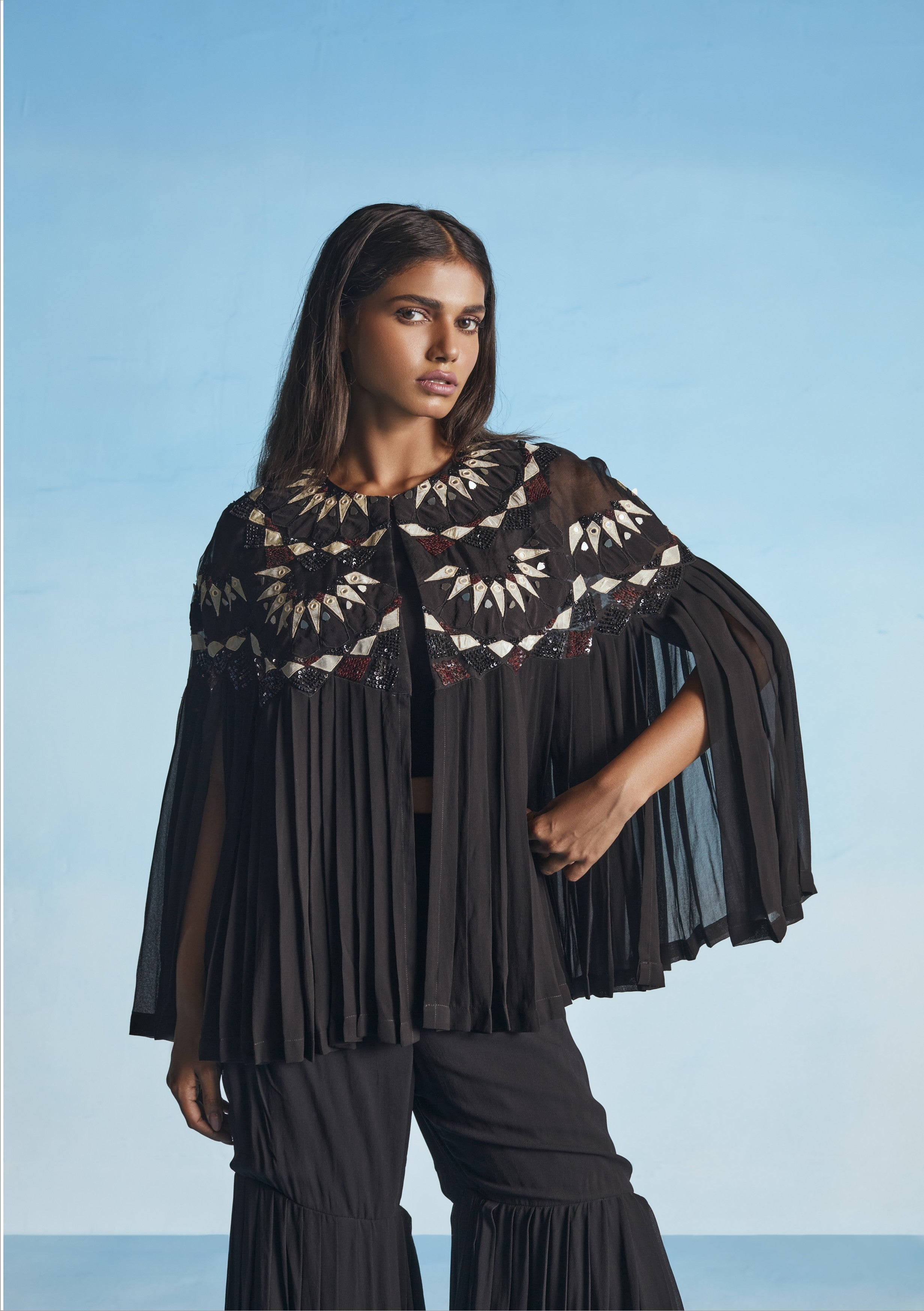 Black Star Applique Pleated Cape Set