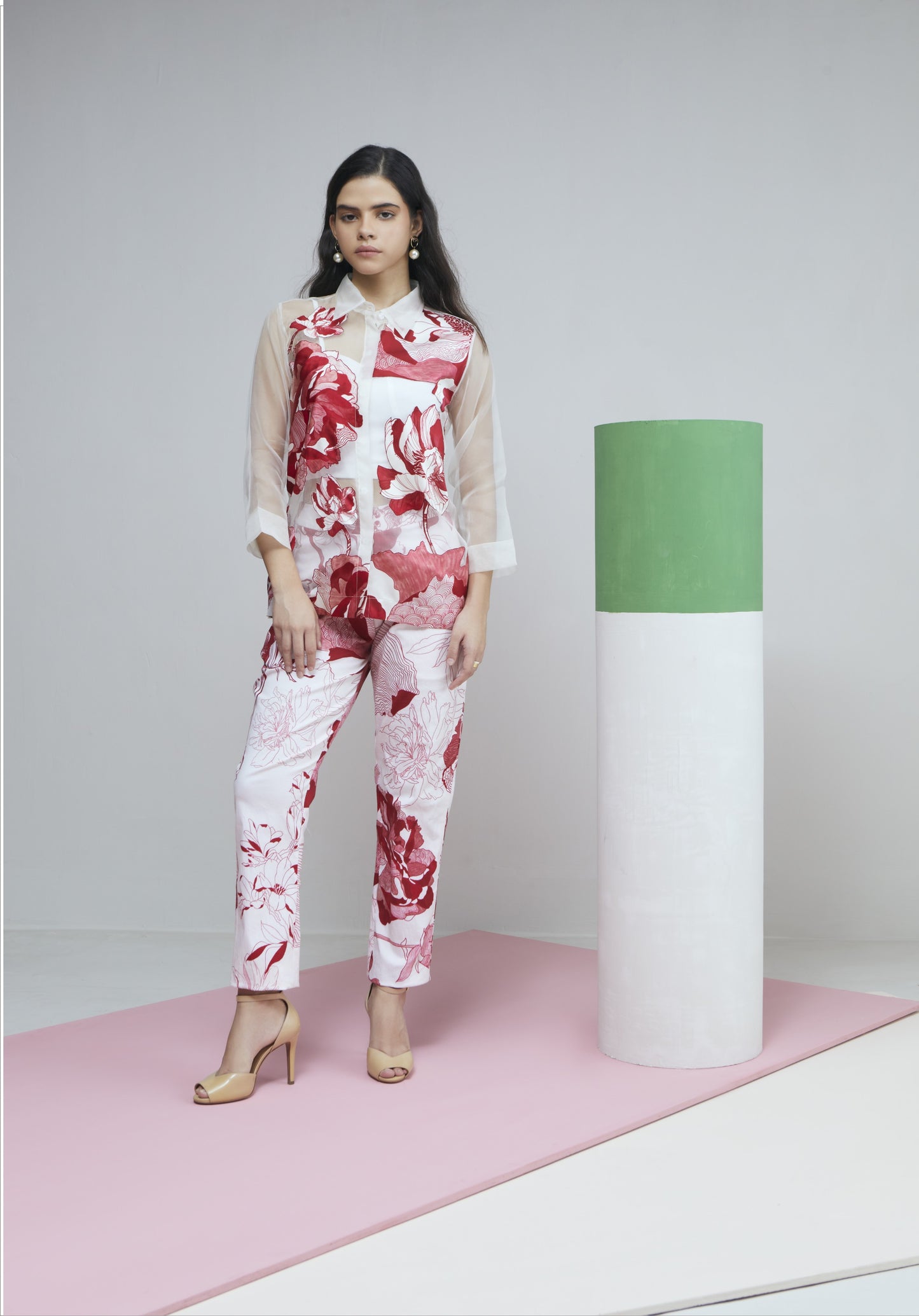 Red Bloom Organza  Shirt With Printed Pants