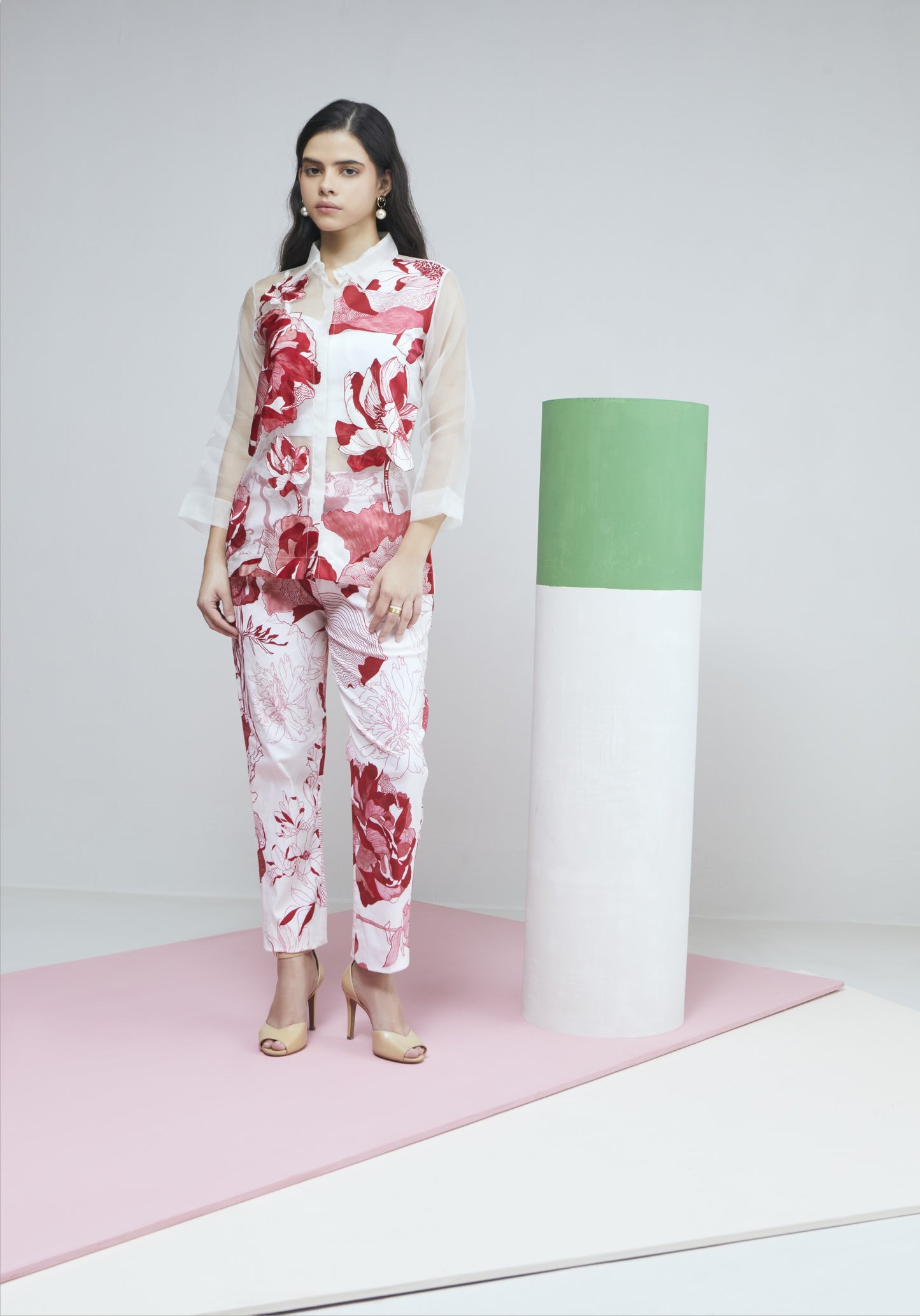 Red Bloom Organza  Shirt With Printed Pants