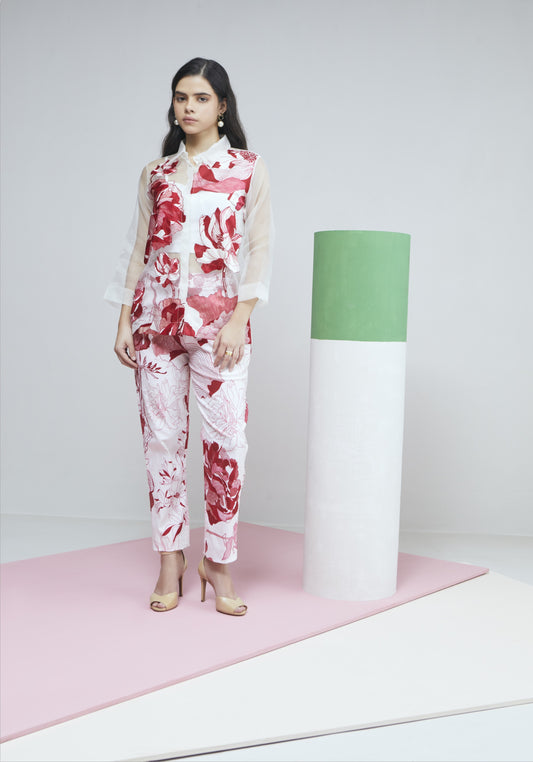 Red Bloom Organza  Shirt With Printed Pants
