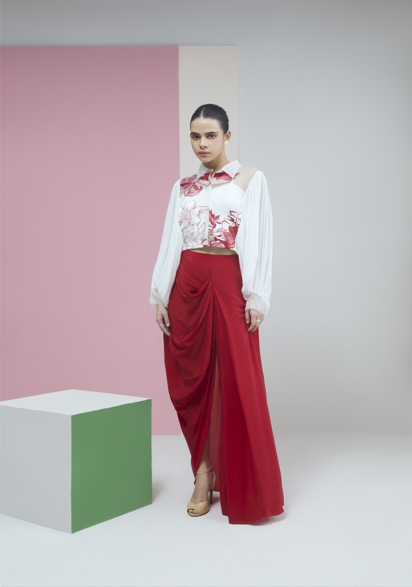 Applique Organza Crop Shirt With Red Drape Skirt