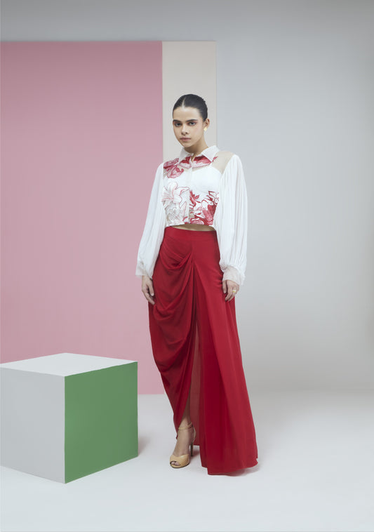 Applique Organza Crop Shirt With Red Drape Skirt