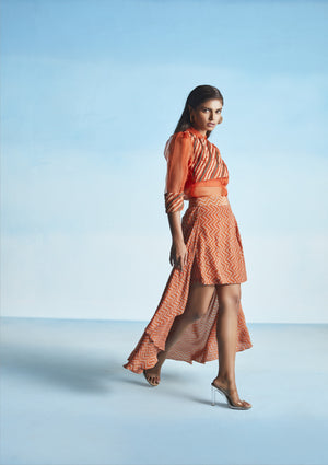 Tangerine Organza Shirt With Chevron Skirt