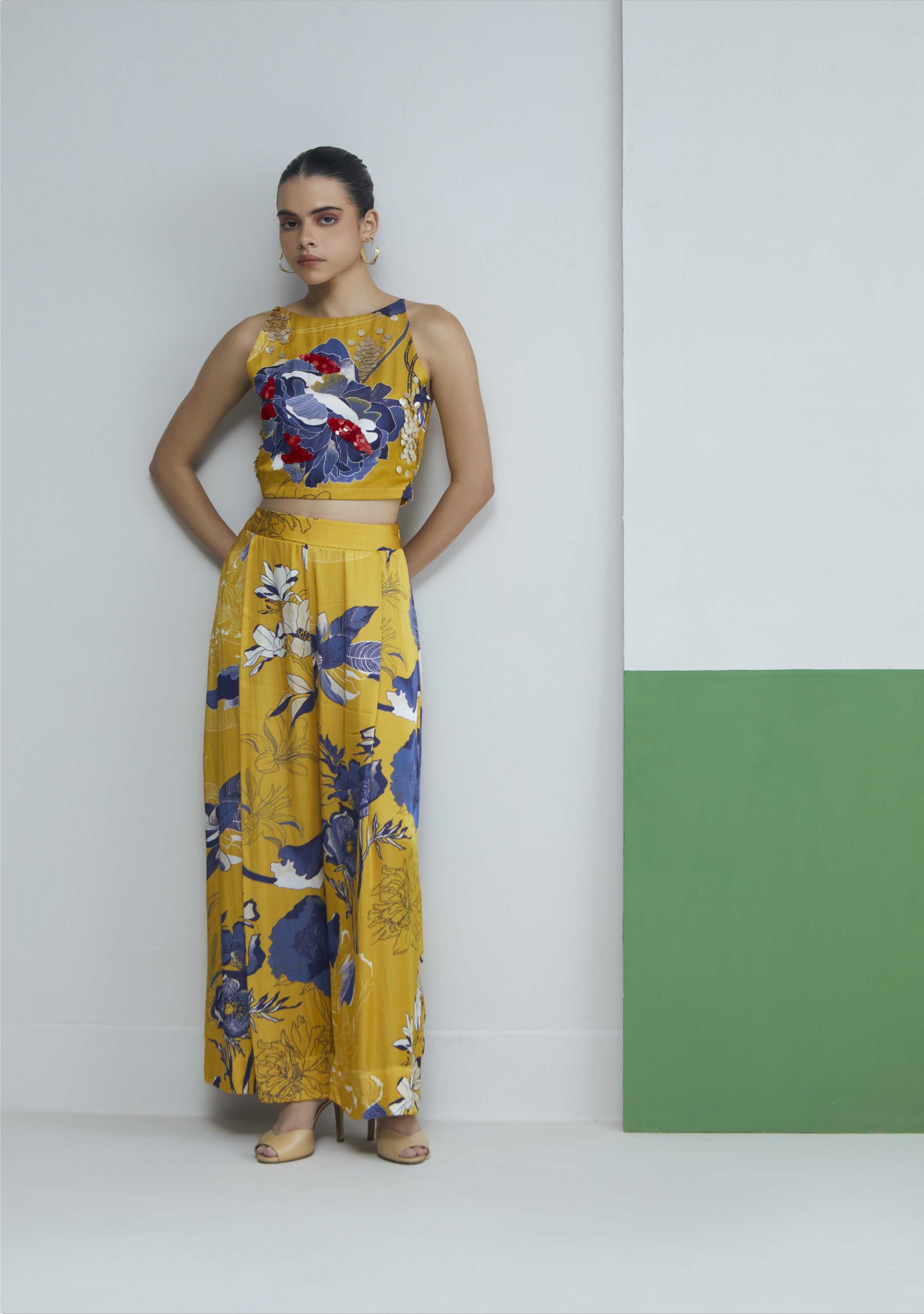 Yellow Bloom Print Halter Top With Pants And Cape Set
