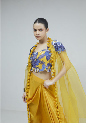 Yellow  Organza Applique Crop Top With Skirt And Organza Cape Set