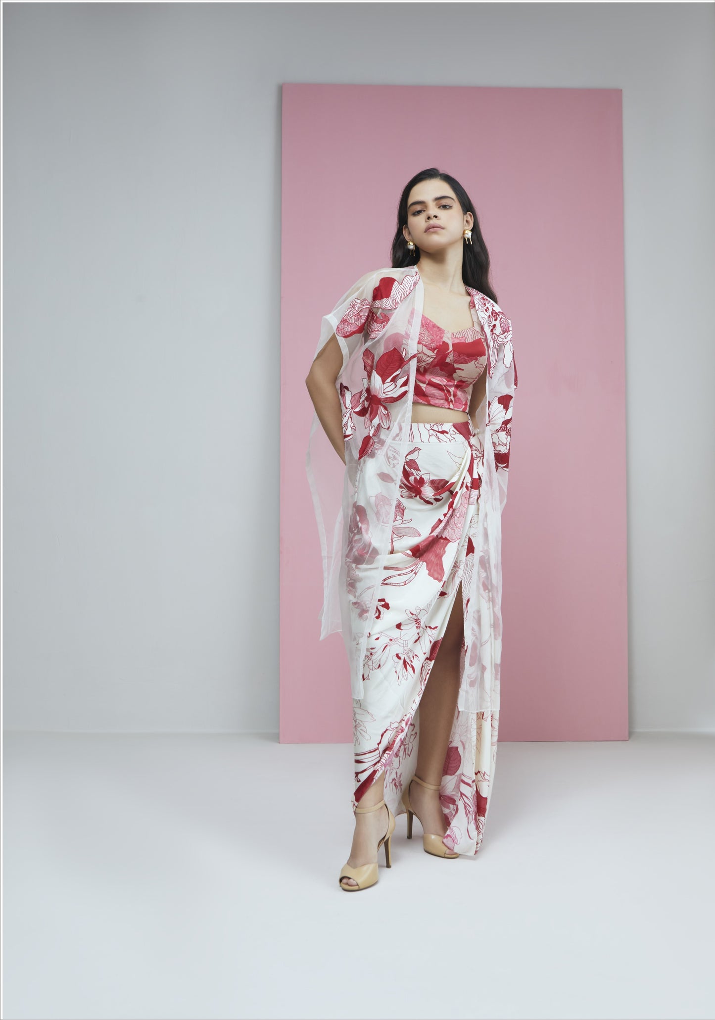 Red Bloom Cape With Bustier & Slit Skirt