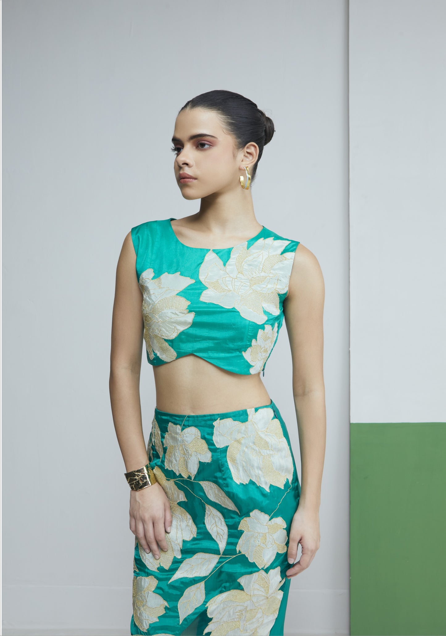 Green Floral Applique Crop Top With Pencil Skirt