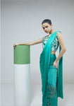 Green Floral Embroidered Top With Draped Saree Set