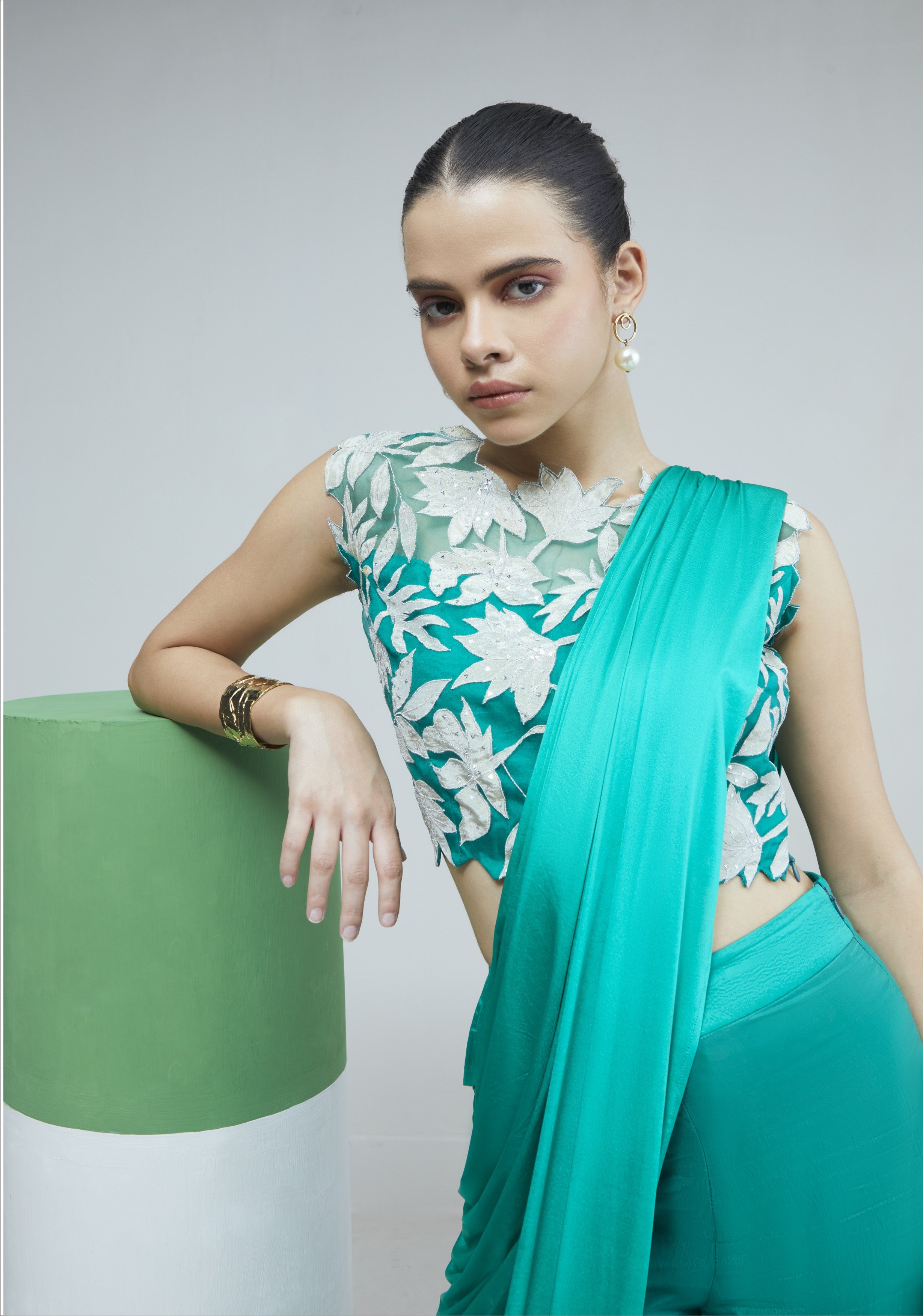 Green Floral Embroidered Top With Draped Saree Set