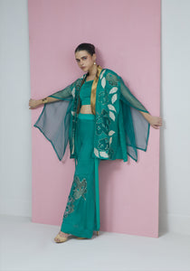 Green Gold Lapel Cape With Pant