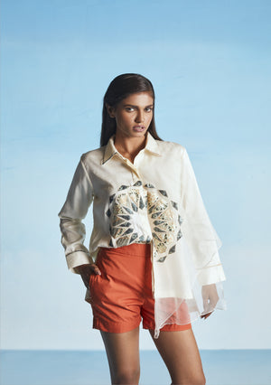 Ivory Morrocan Applique Shirt With Shorts