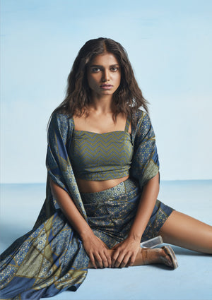 Navy Marrakech Print Shorts With Chevron Bustier And Marrakech Cape