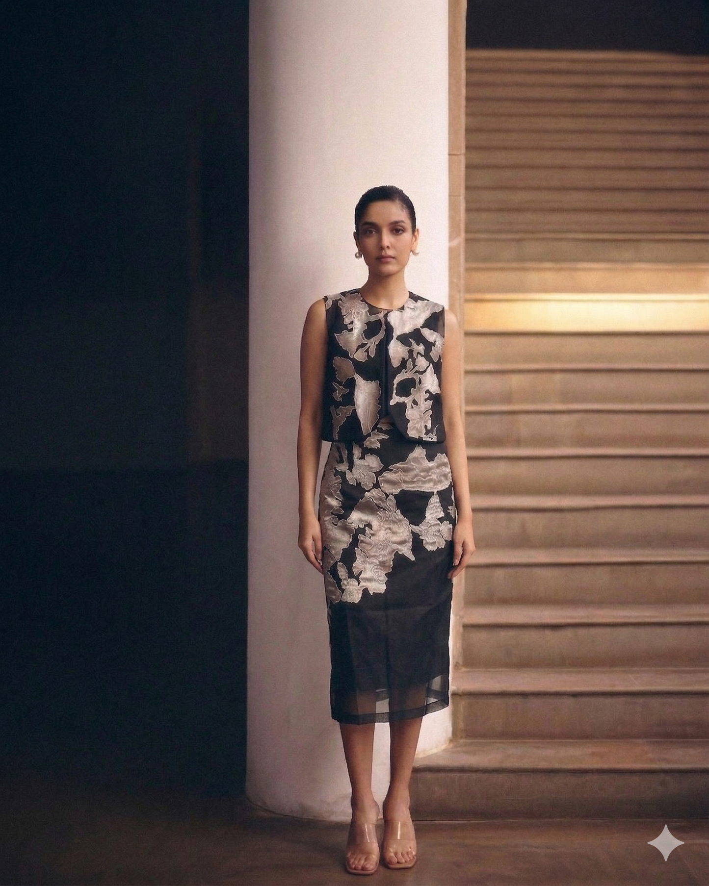 Black Shimmer Gilet With Pencil Skirt Set