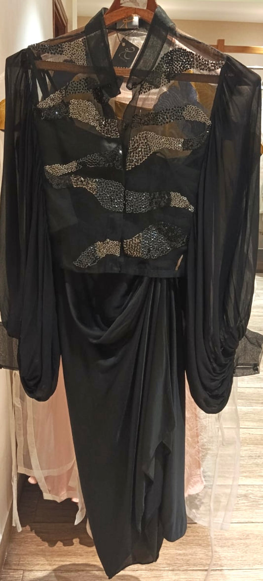 Black Beaded Swirl Crop Shirt Set.