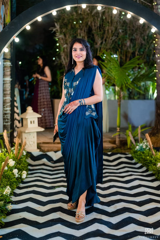 Navy Star Beaded Draped Saree Set.