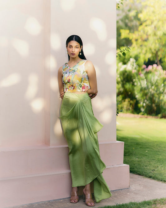 Mint Paradise Beaded Crop Top With Drape Skirt