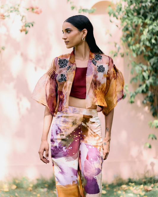 Splatter Organza Short  Jacket With Pant Set