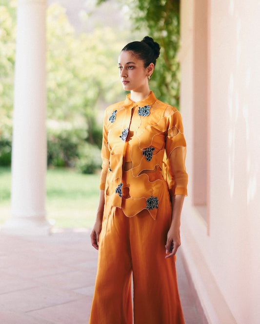 Orange Organza Swirl Shirt Set With Pants