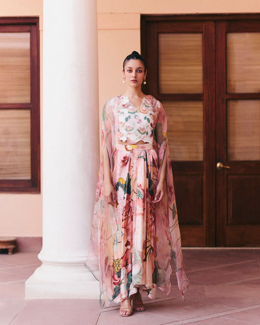 Beaded Top With Lotus Skirt and Cape