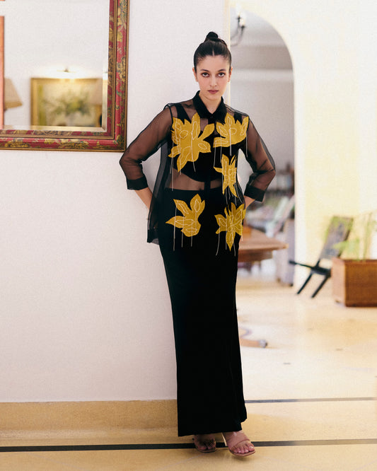 Black Organza Shirt Set With Mustard Flowers