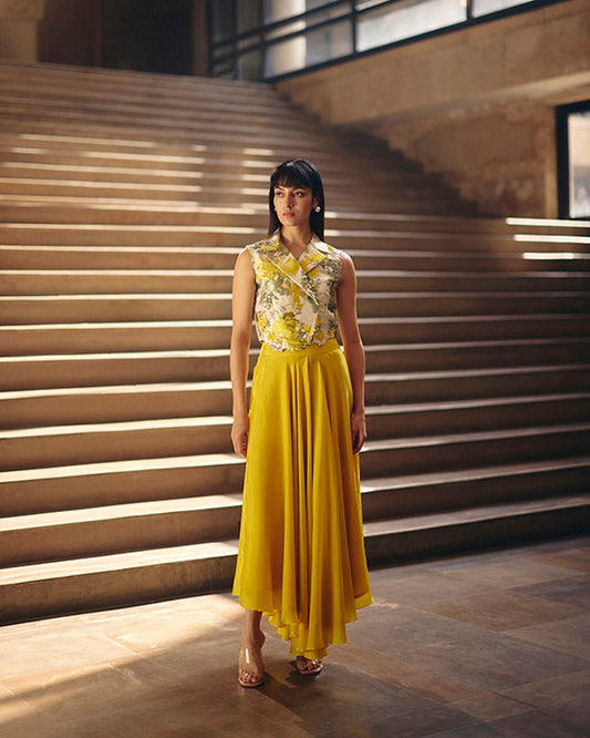 Yellow Jacquard Crop Jacket With Flare Pants