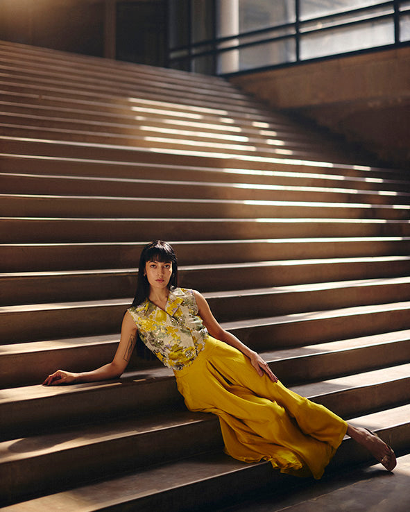 Yellow Jacquard Crop Jacket With Flare Pants