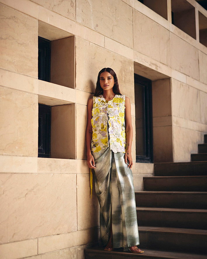 Yellow Jacquard Tie-up Jacket With Mint Shimmer Slit Skirt