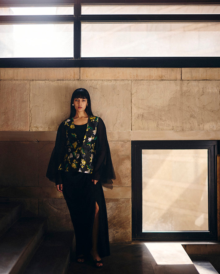 Black Jacquard Peplum Jacket Set