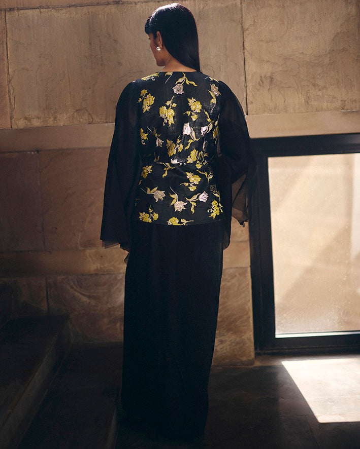 Black Jacquard Peplum Jacket Set