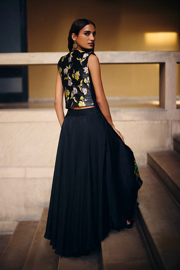 Black Jacquard Beaded Jacket With Flare Pants Set