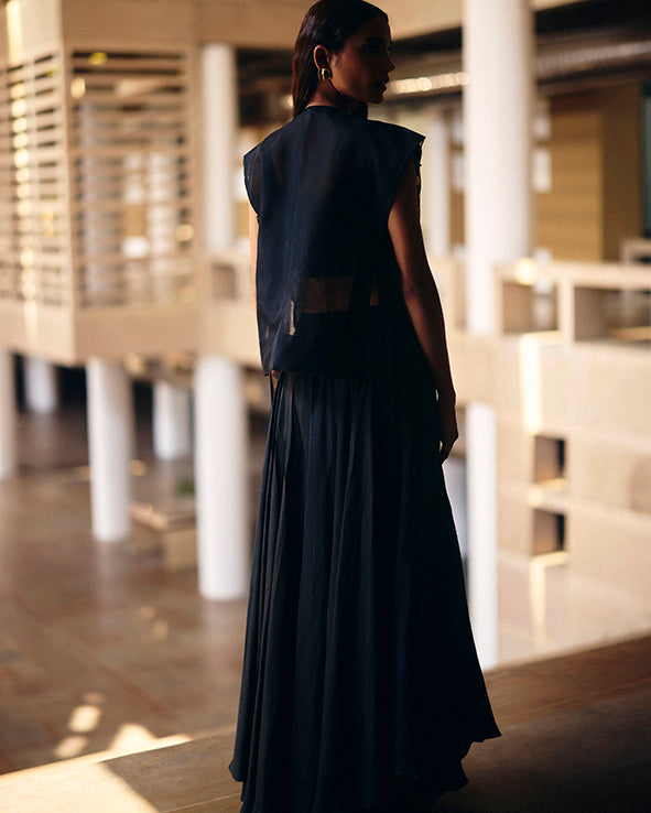 Black Florette Tie-up Cape With Asymmetric Pants Set