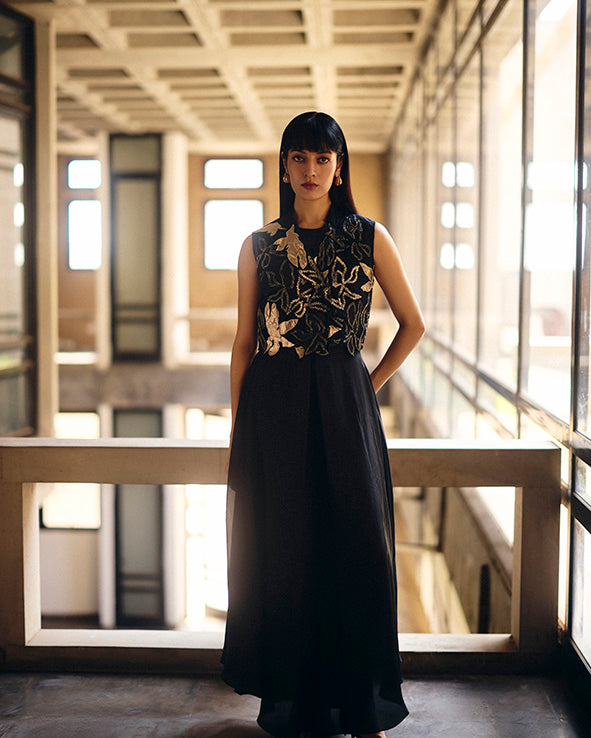 Black Magnolia Organza Short Jacket With Asymmetric Jumpsuit