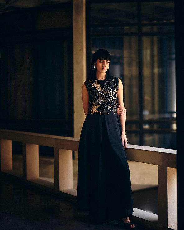 Black Magnolia Organza Short Jacket With Asymmetric Jumpsuit