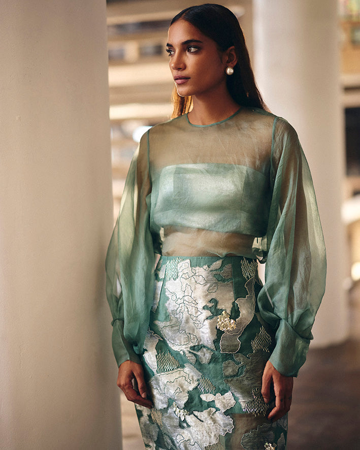 Sage Green Terra Dash Pencil Skirt With Opaline Sheer Top Set