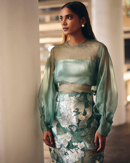 Sage Green Terra Dash Pencil Skirt With Opaline Sheer Top Set