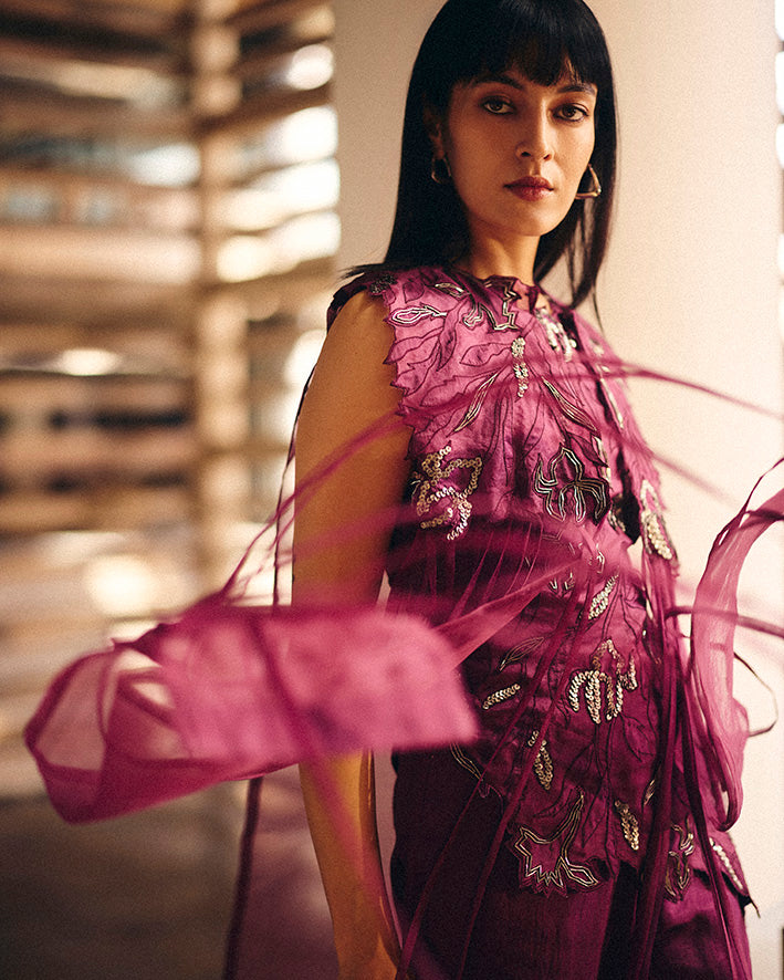 Burgundy Foliage Organza Cape With Burgundy Foliage Top and Boot Cut Pants