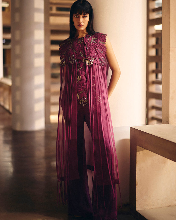 Burgundy Foliage Organza Cape With Burgundy Foliage Top and Boot Cut Pants